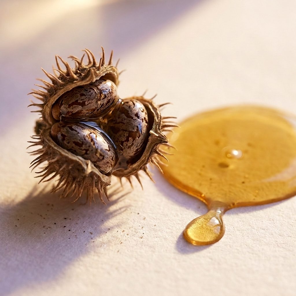 An open castor seed pod beside a pool of castor oil